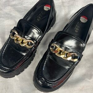 Guess Glossy Black Loafers with Gold Accent